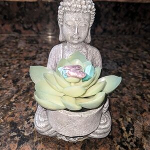 Ashland Silver Buddha Planter with Green and Pink Succulent With Crystals